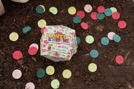 kolorowe kółka papierowe z nasionami porozrzucane na ziemi-to konfetti kwietne. na środku opakowanie
