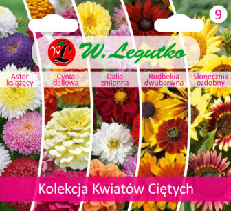 Torebka przedstawia 5 gatunków roślin na kwiaty cięte: aster, cynia, dalia, rudbekia, słonecznik