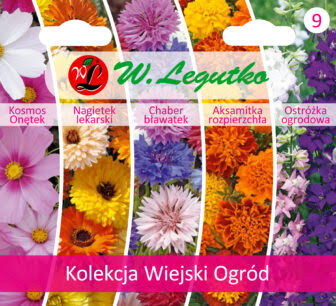 Torebka przedstawiająca 5 różnych gatunków wiejskich kwiatów: onętek, nagietek, vhaber, aksamitka, ostróżka