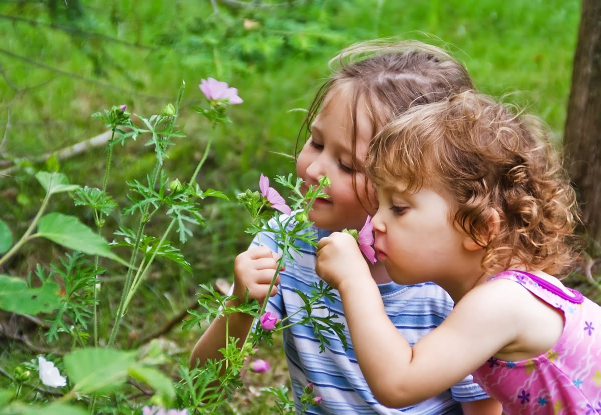dziewczynki wąchające kwiaty
